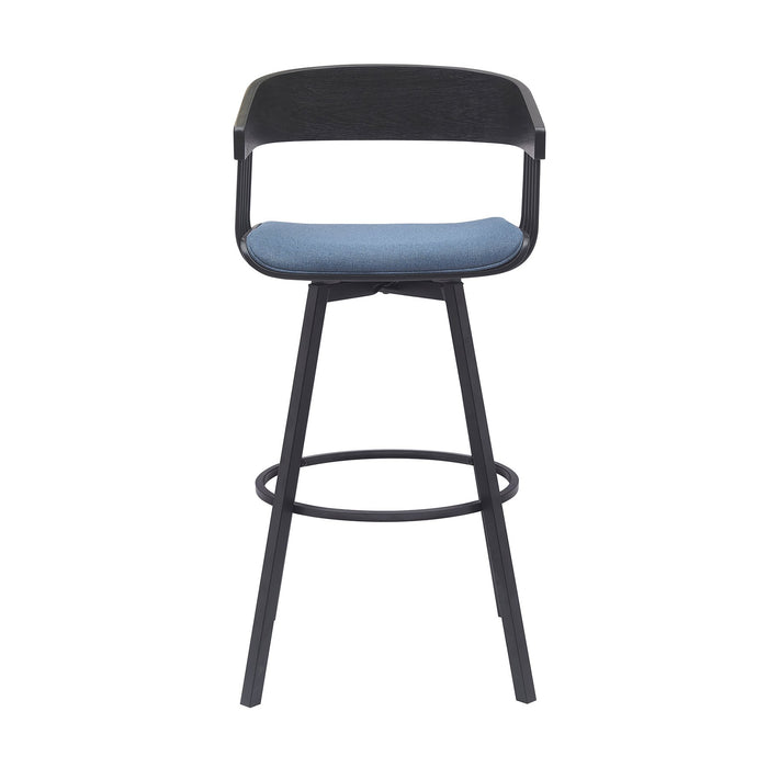Athena 31" Swivel Black Wood Bar Stool in Blue Fabric with Black Metal