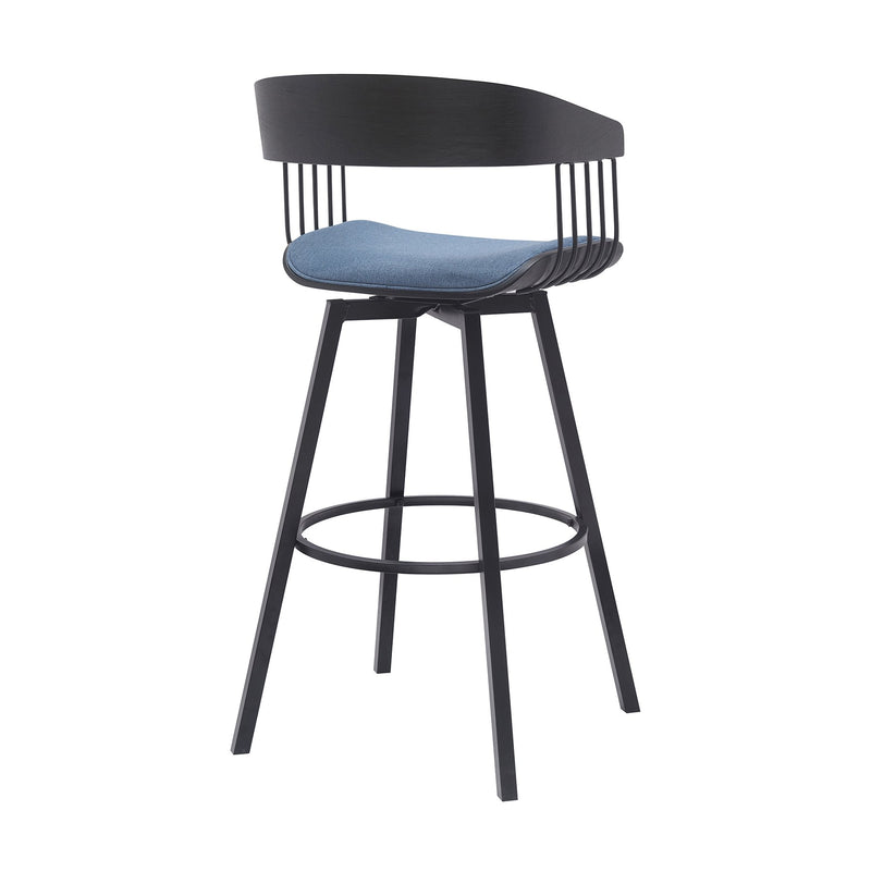 Athena 31" Swivel Black Wood Bar Stool in Blue Fabric with Black Metal - Furniture City (CA)l