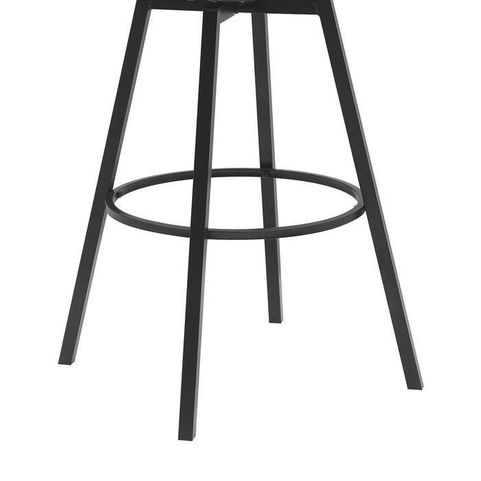 Athena 31" Swivel Black Wood Bar Stool in Blue Fabric with Black Metal