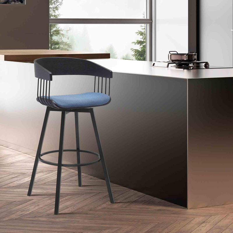 Athena 31" Swivel Black Wood Bar Stool in Blue Fabric with Black Metal - Furniture City (CA)l