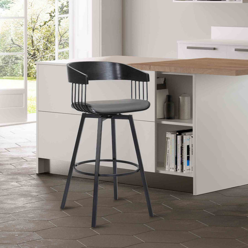 Athena 27" Swivel Black Wood Counter Stool in Gray Faux Leather with Black Metal - Furniture City (CA)l