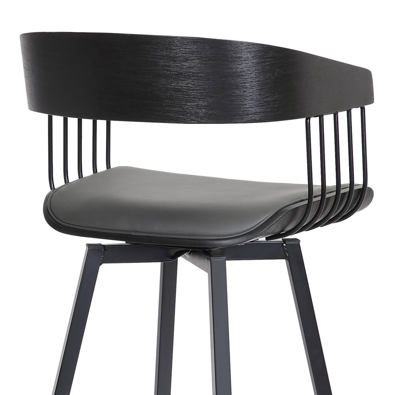 Athena 31" Swivel Black Wood Bar Stool in Gray Faux Leather with Black Metal - Furniture City (CA)l