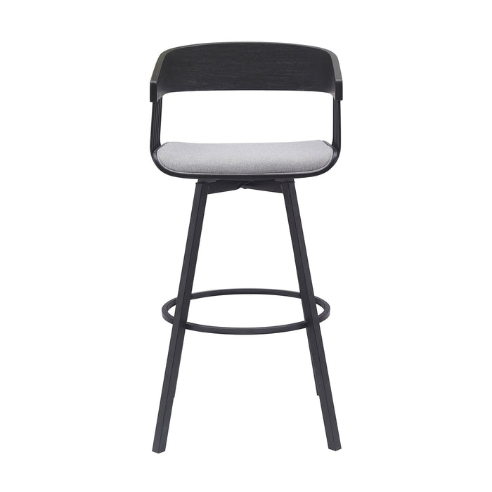 Athena 31" Swivel Black Wood Bar Stool in Light Gray Fabric with Black Metal