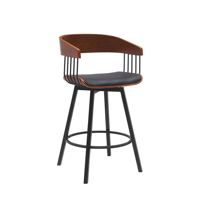 Athena 27" Swivel Walnut Wood Counter Stool in Black Faux Leather with Black Metal