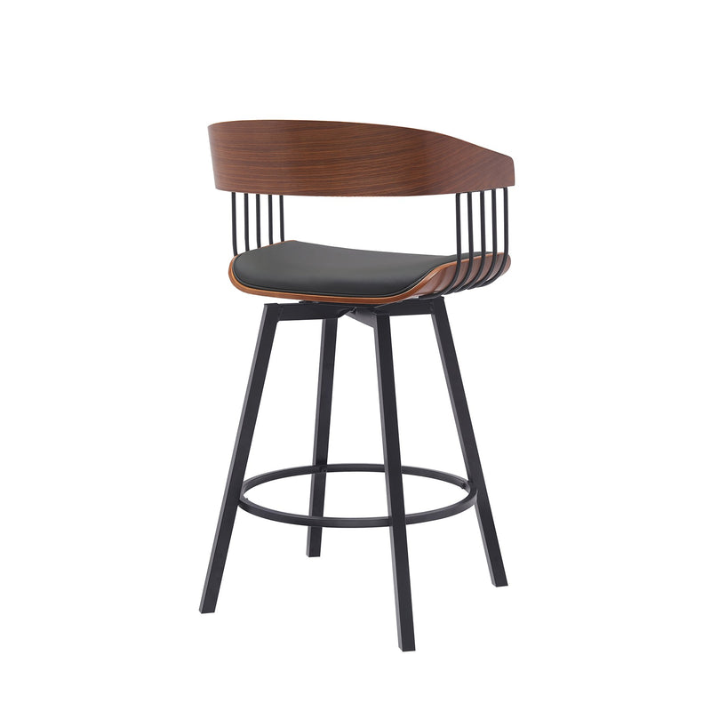 Athena 27" Swivel Walnut Wood Counter Stool in Black Faux Leather with Black Metal - Furniture City (CA)l