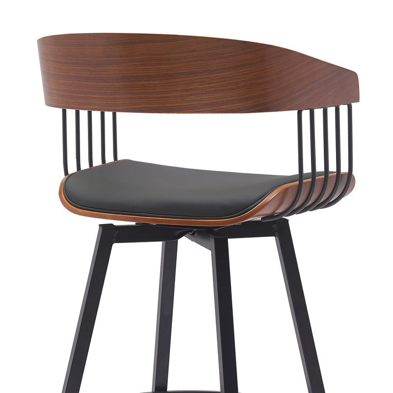 Athena 27" Swivel Walnut Wood Counter Stool in Black Faux Leather with Black Metal - Furniture City (CA)l