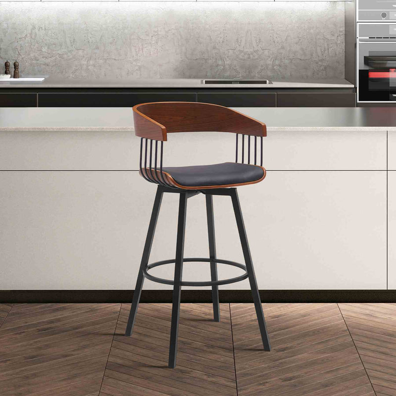 Athena 27" Swivel Walnut Wood Counter Stool in Black Faux Leather with Black Metal - Furniture City (CA)l