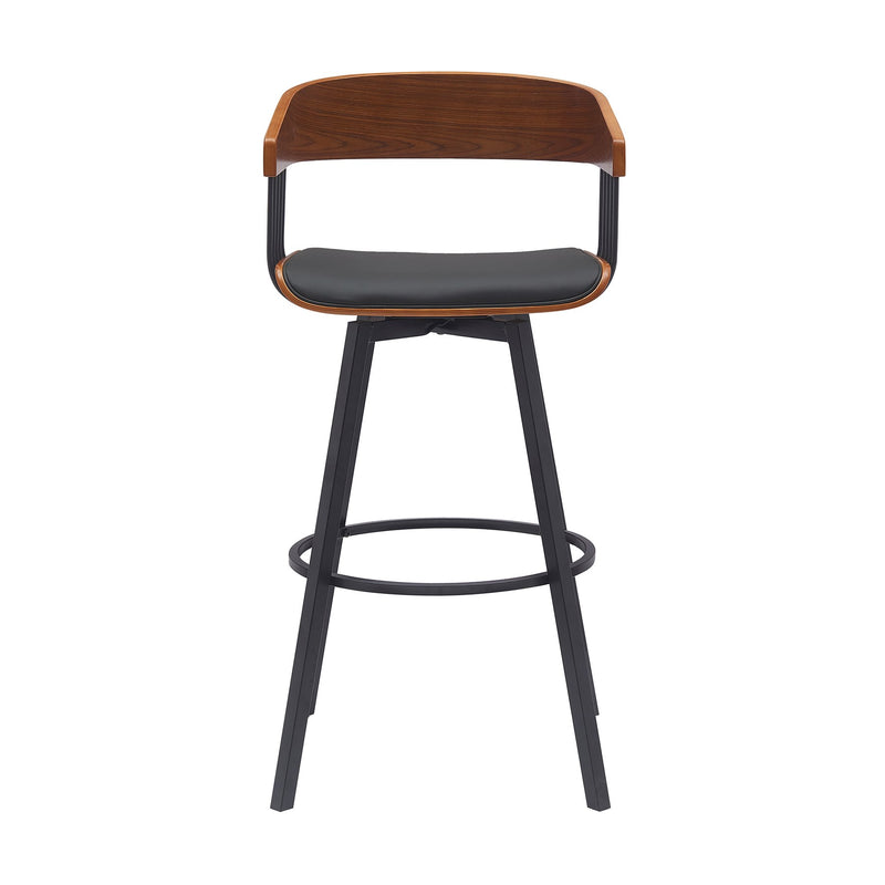 Athena 31" Swivel Walnut Wood Bar Stool in Black Faux Leather with Black Metal - Furniture City (CA)l