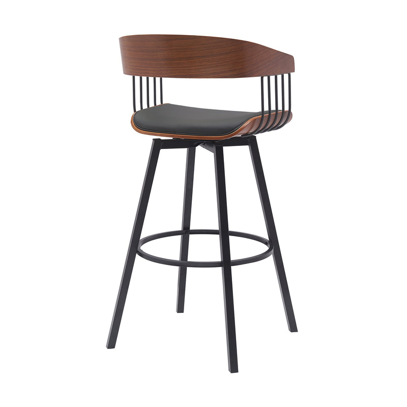 Athena 31" Swivel Walnut Wood Bar Stool in Black Faux Leather with Black Metal - Furniture City (CA)l
