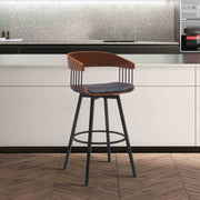 Athena 31" Swivel Walnut Wood Bar Stool in Black Faux Leather with Black Metal - Furniture City (CA)l