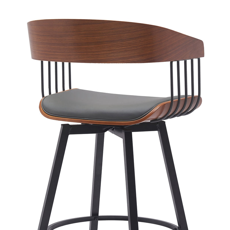Athena 27" Swivel Walnut Wood Counter Stool in Gray Faux Leather with Black Metal - Furniture City (CA)l