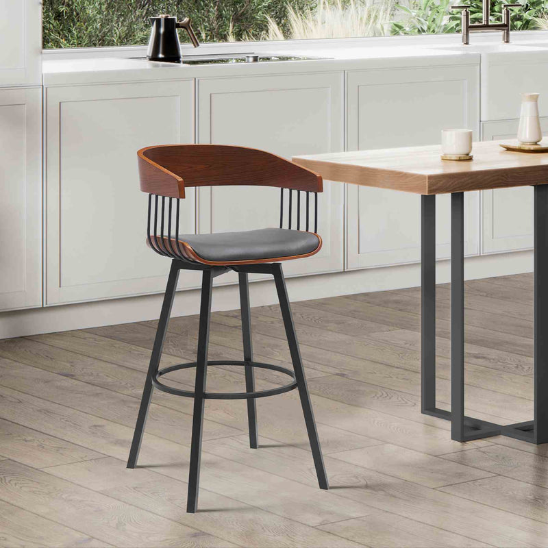 Athena 27" Swivel Walnut Wood Counter Stool in Gray Faux Leather with Black Metal - Furniture City (CA)l