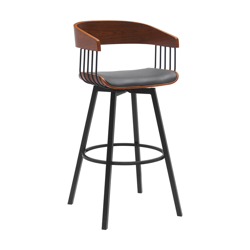 Athena 31" Swivel Walnut Wood Bar Stool in Gray Faux Leather with Black Metal - Furniture City (CA)l