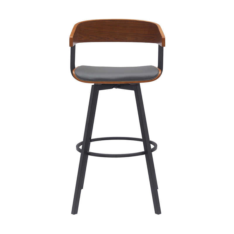 Athena 31" Swivel Walnut Wood Bar Stool in Gray Faux Leather with Black Metal - Furniture City (CA)l