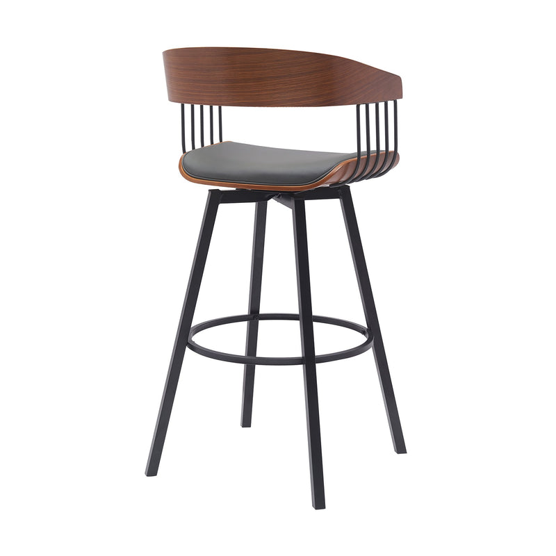 Athena 31" Swivel Walnut Wood Bar Stool in Gray Faux Leather with Black Metal - Furniture City (CA)l