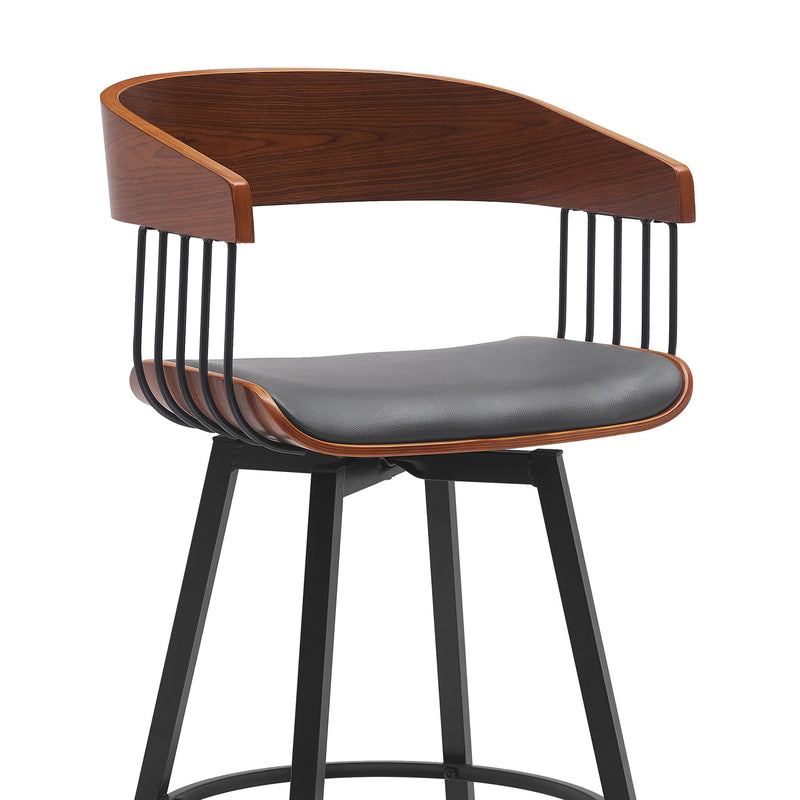Athena 31" Swivel Walnut Wood Bar Stool in Gray Faux Leather with Black Metal - Furniture City (CA)l