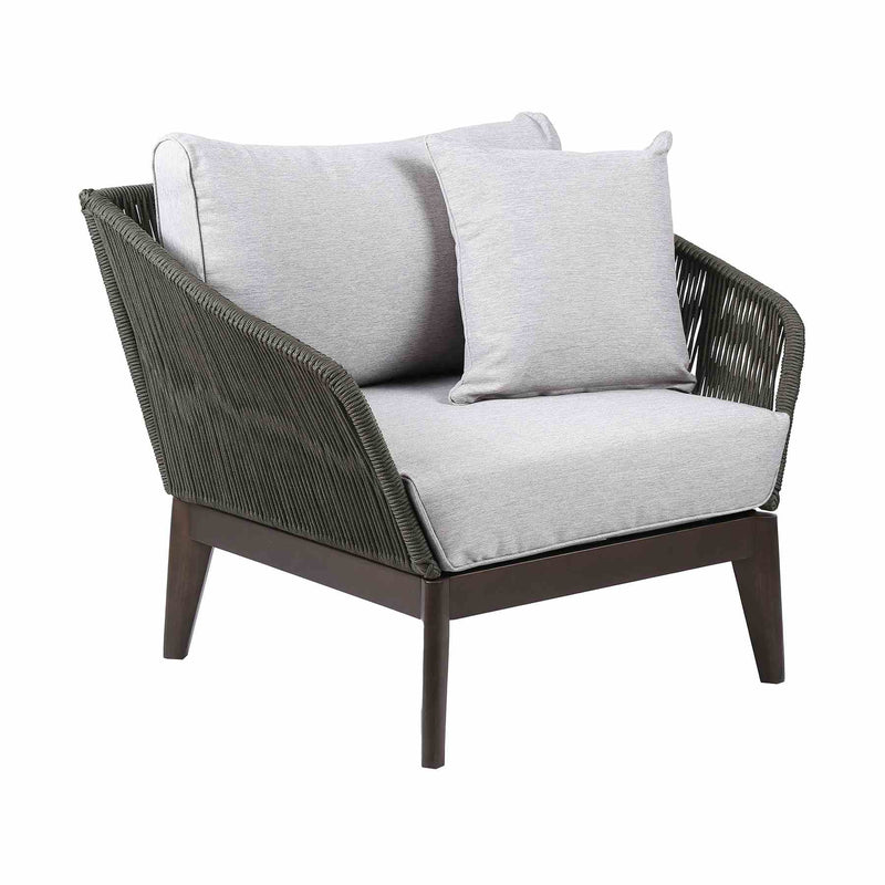 Athos Indoor Outdoor Club Chair in Dark Eucalyptus Wood with Charcoal Rope and Gray Cushions - Furniture City (CA)l