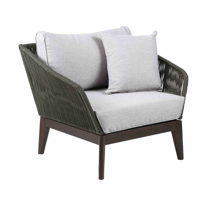 Athos Indoor Outdoor Club Chair in Dark Eucalyptus Wood with Charcoal Rope and Gray Cushions