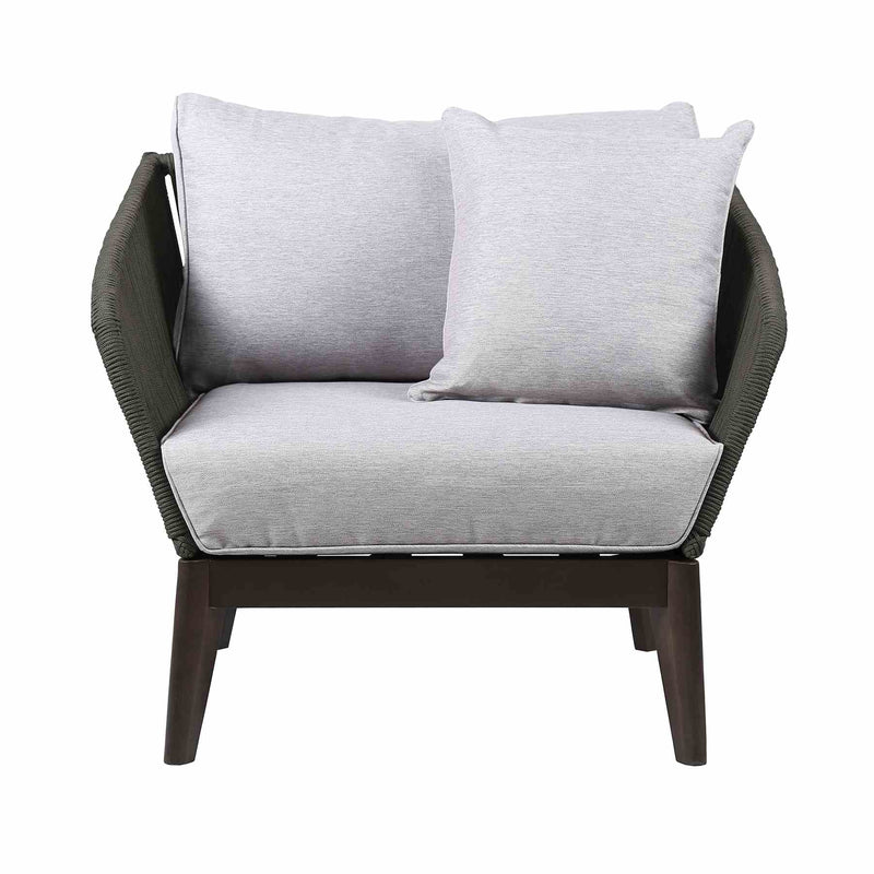 Athos Indoor Outdoor Club Chair in Dark Eucalyptus Wood with Charcoal Rope and Gray Cushions - Furniture City (CA)l
