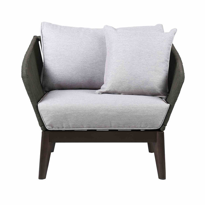 Athos Indoor Outdoor Club Chair in Dark Eucalyptus Wood with Charcoal Rope and Gray Cushions