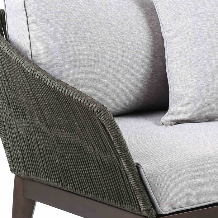 Athos Indoor Outdoor Club Chair in Dark Eucalyptus Wood with Charcoal Rope and Gray Cushions