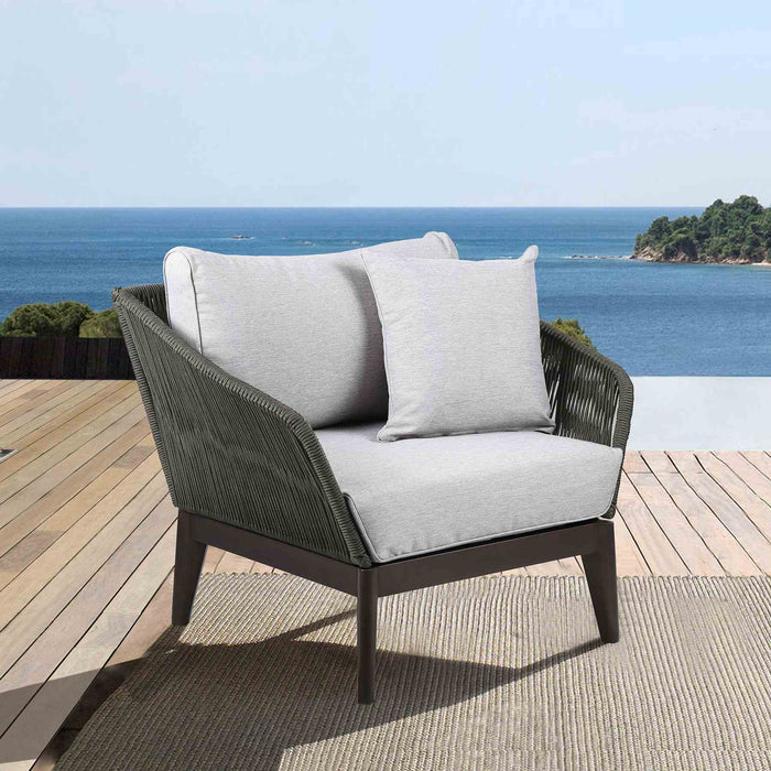 Athos Indoor Outdoor Club Chair in Dark Eucalyptus Wood with Charcoal Rope and Gray Cushions