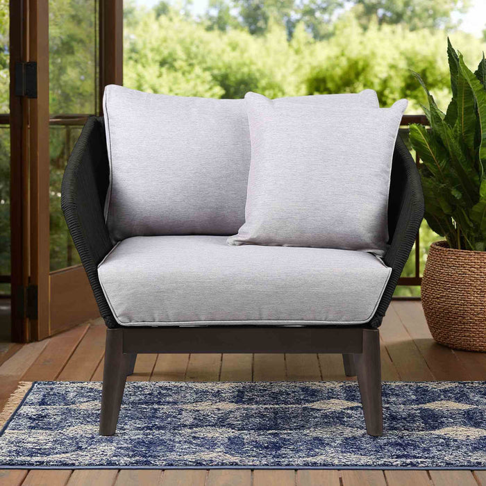 Athos Indoor Outdoor Club Chair in Dark Eucalyptus Wood with Charcoal Rope and Gray Cushions