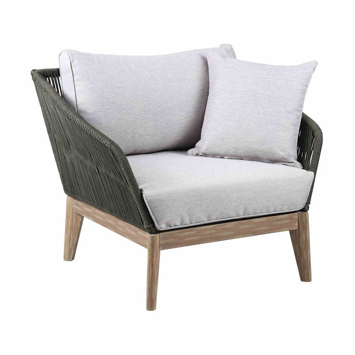 Athos Indoor Outdoor Club Chair in Light Eucalyptus Wood with Charcoal Rope and Gray Cushions