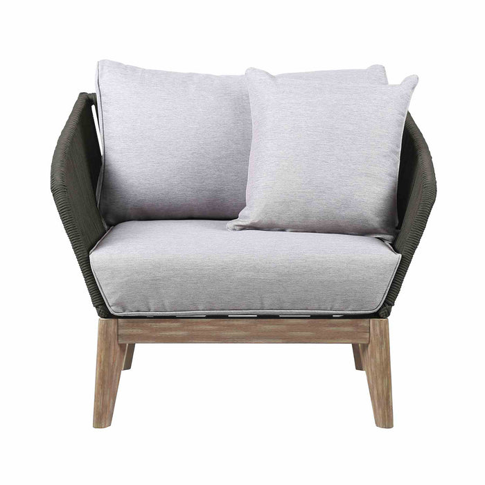Athos Indoor Outdoor Club Chair in Light Eucalyptus Wood with Charcoal Rope and Gray Cushions