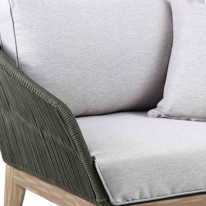 Athos Indoor Outdoor Club Chair in Light Eucalyptus Wood with Charcoal Rope and Gray Cushions