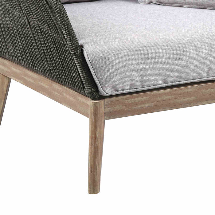 Athos Indoor Outdoor Club Chair in Light Eucalyptus Wood with Charcoal Rope and Gray Cushions