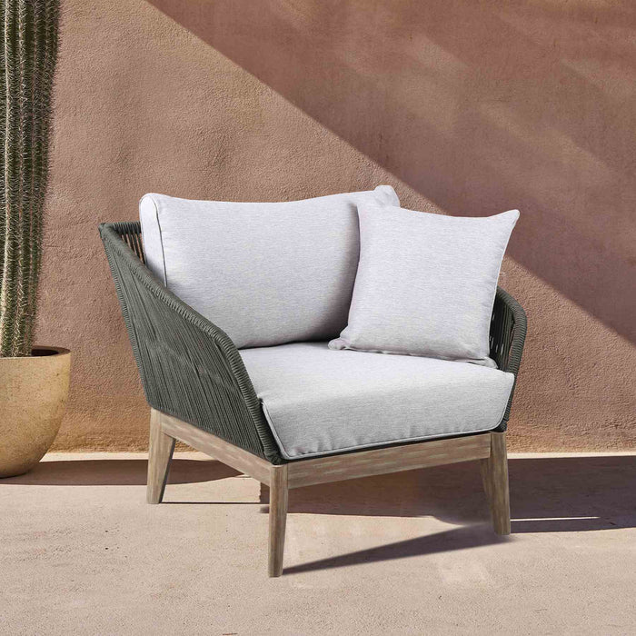 Athos Indoor Outdoor Club Chair in Light Eucalyptus Wood with Charcoal Rope and Gray Cushions