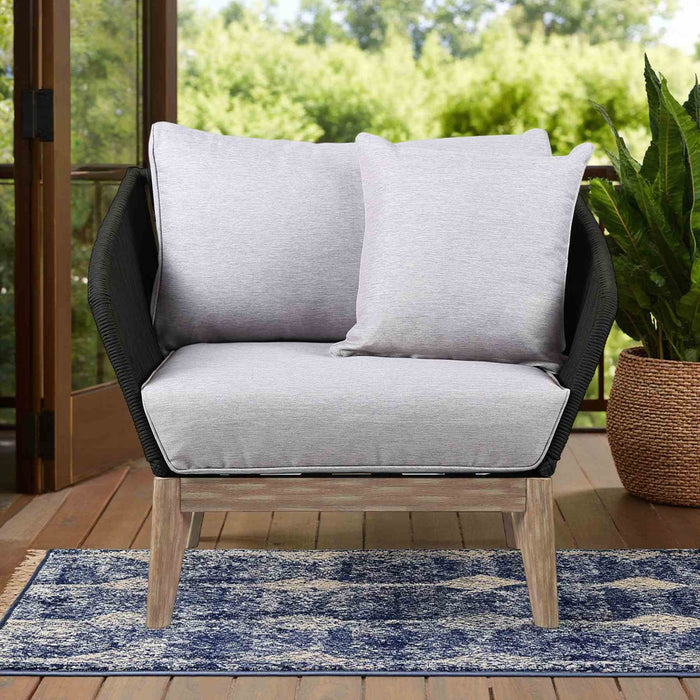 Athos Indoor Outdoor Club Chair in Light Eucalyptus Wood with Charcoal Rope and Gray Cushions