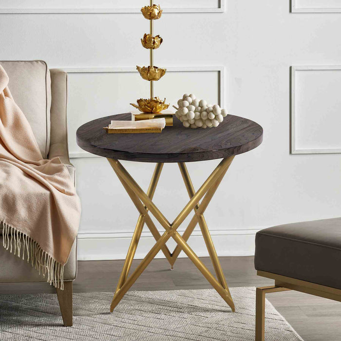 Atala Brown Veneer End Table with Brushed Gold Legs