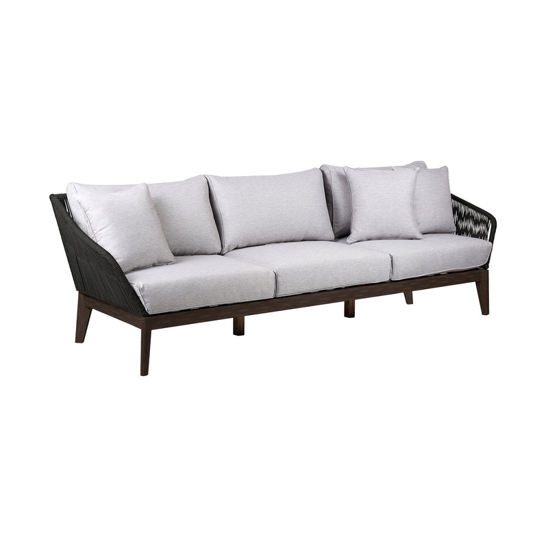 Athos Indoor Outdoor 3 Seater Sofa in Dark Eucalyptus Wood with Charcoal Rope and Gray Cushions - Furniture City (CA)l