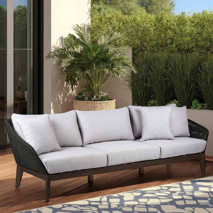 Athos Indoor Outdoor 3 Seater Sofa in Dark Eucalyptus Wood with Charcoal Rope and Gray Cushions