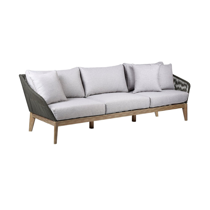 Athos Indoor Outdoor 3 Seater Sofa in Light Eucalyptus Wood with Charcoal Rope and Gray Cushions