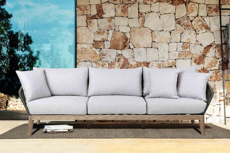 Athos Indoor Outdoor 3 Seater Sofa in Light Eucalyptus Wood with Charcoal Rope and Gray Cushions - Furniture City (CA)l