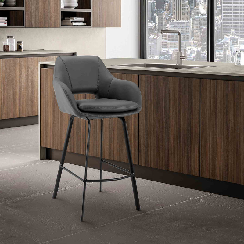 Aura Gray Faux Leather and Black Metal Swivel 30" Bar Stool - Furniture City (CA)l