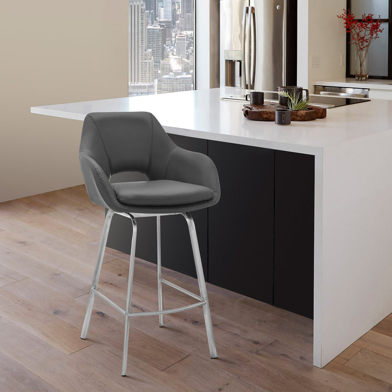 Aura Gray Faux Leather and Brushed Stainless Steel Swivel 26" Counter Stool - Furniture City (CA)l