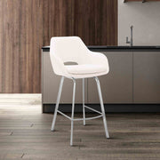 Aura White Faux Leather and Brushed Stainless Steel Swivel 30" Bar Stool - Furniture City (CA)l