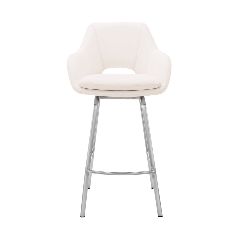 Aura White Faux Leather and Brushed Stainless Steel Swivel 30" Bar Stool - Furniture City (CA)l