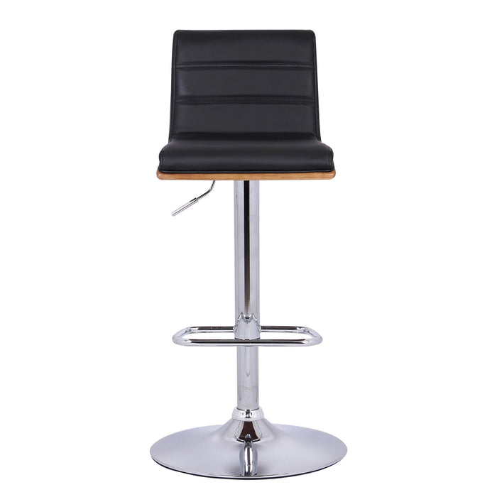 Aubrey Adjustable Height Swivel Black Faux Leather and Chrome Bar Stool with Walnut Wood