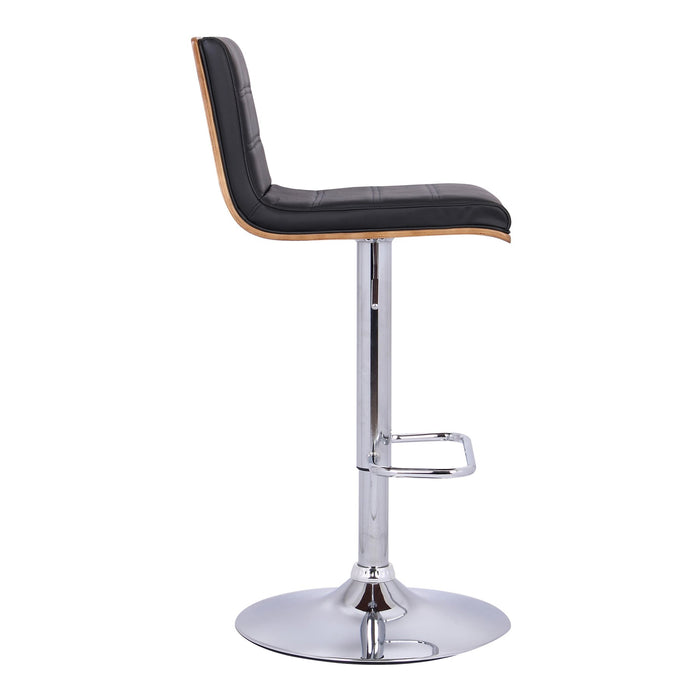 Aubrey Adjustable Height Swivel Black Faux Leather and Chrome Bar Stool with Walnut Wood