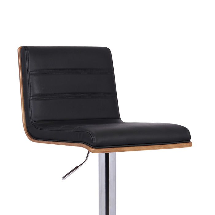 Aubrey Adjustable Height Swivel Black Faux Leather and Chrome Bar Stool with Walnut Wood