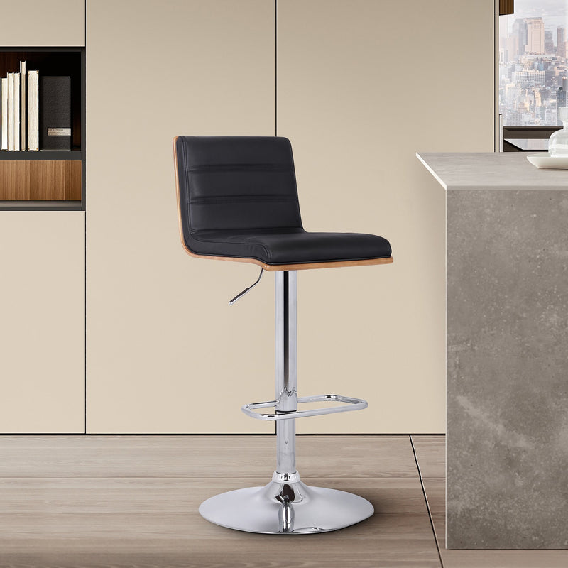 Aubrey Adjustable Height Swivel Black Faux Leather and Chrome Bar Stool with Walnut Wood - Furniture City (CA)l