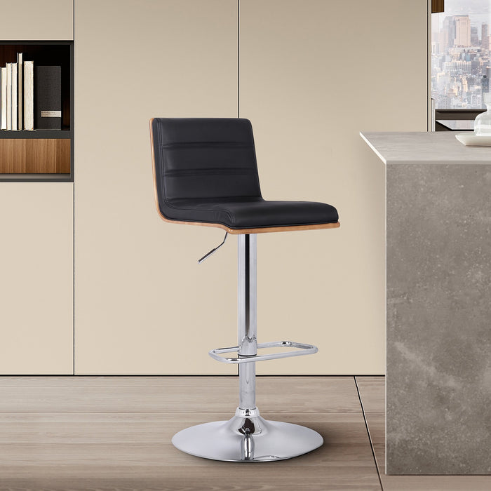 Aubrey Adjustable Height Swivel Black Faux Leather and Chrome Bar Stool with Walnut Wood
