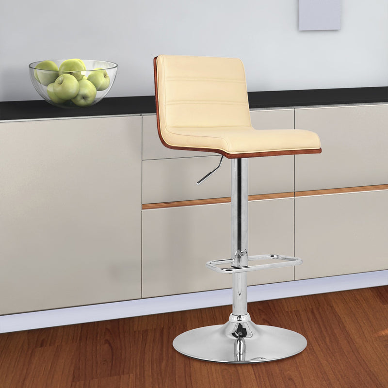 Aubrey Adjustable Height Swivel Cream Faux Leather and Chrome Bar Stool with Walnut Wood - Furniture City (CA)l