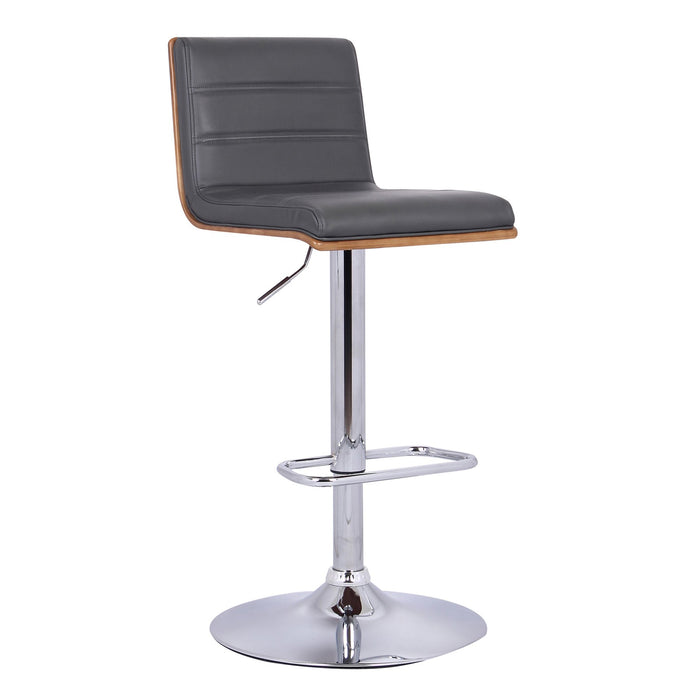 Aubrey Adjustable Height Swivel Gray Faux Leather and Chrome Bar Stool with Walnut Wood