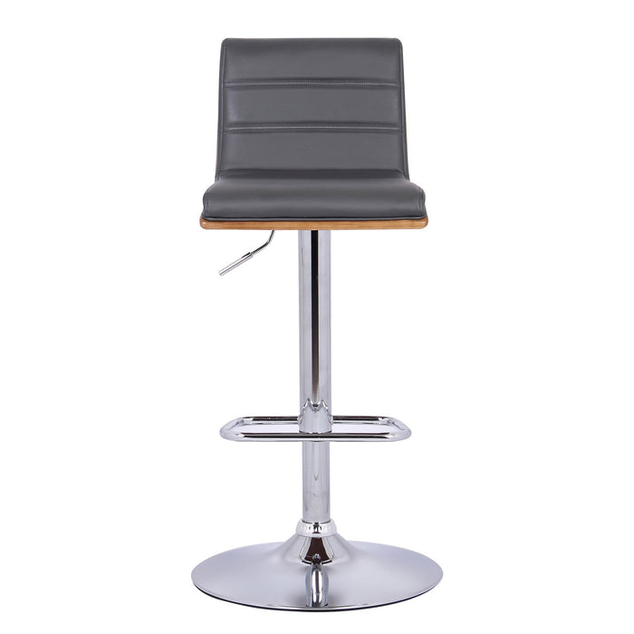 Aubrey Adjustable Height Swivel Gray Faux Leather and Chrome Bar Stool with Walnut Wood